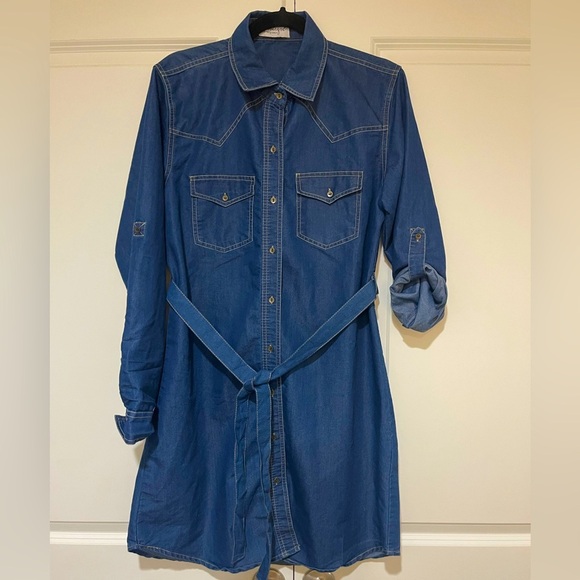 Evergreen Cambray button up belted shirt dress sz M - Picture 1 of 6